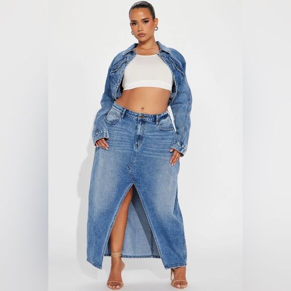 Fashion Nova 2 PC Lone Pine Cropped Bolero Denim Jacket & Maxi Skirt SZ 3X/2X - Picture 1 of 16